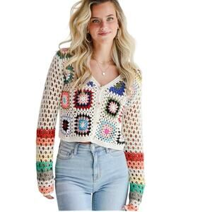 Women’s Open Knit Granny Square Crochet Sweater Button Closure Cottagecore Boho